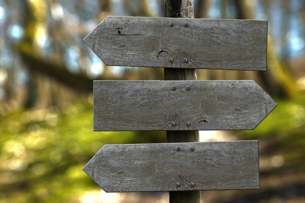 A wooden signpost with two signs pointing left and one sign pointing right.
